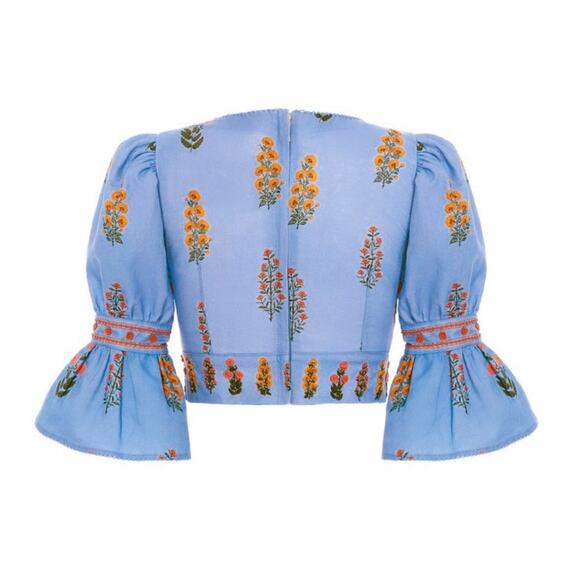 Agua by Agua Bendita Violeta Dahlia Blue Linen Embroidered Floral Cropped Top - Picture 2 of 12